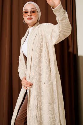 Şal Yaka Örgü Kabartmalı Triko Hırka Bej - Hırka