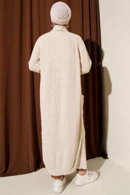 Şal Yaka Örgü Kabartmalı Triko Hırka Bej - Hırka