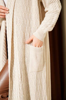 Şal Yaka Örgü Kabartmalı Triko Hırka Bej - Hırka