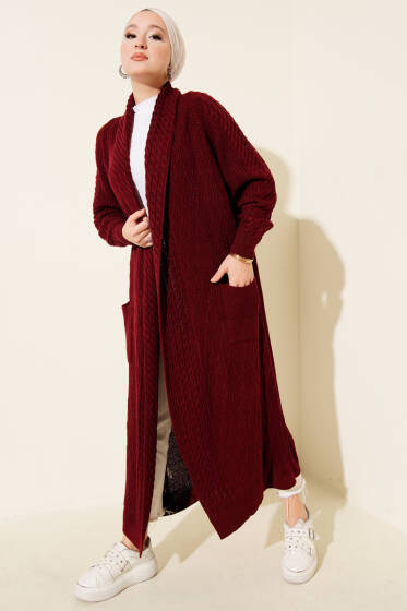 Şal Yaka Örgü Kabartmalı Triko Hırka Bordo - Hırka