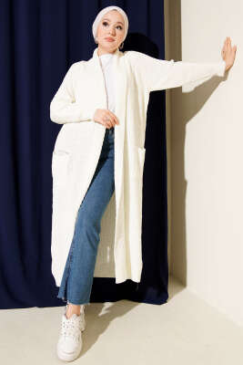 Şal Yaka Örgü Kabartmalı Triko Hırka Ekru - RAFİMİX