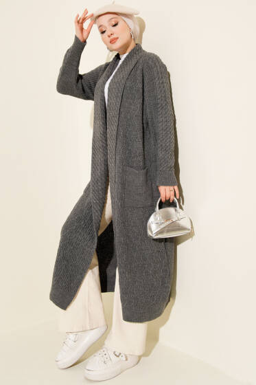 Şal Yaka Örgü Kabartmalı Triko Hırka Füme - Hırka