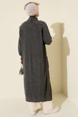 Şal Yaka Örgü Kabartmalı Triko Hırka Füme - Hırka