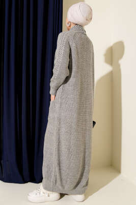 Şal Yaka Örgü Kabartmalı Triko Hırka Gri - Hırka