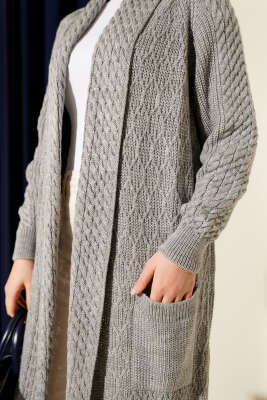 Şal Yaka Örgü Kabartmalı Triko Hırka Gri - Hırka