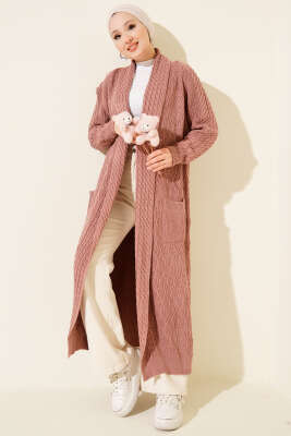 Şal Yaka Örgü Kabartmalı Triko Hırka Gül Kurusu - Hırka