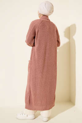 Şal Yaka Örgü Kabartmalı Triko Hırka Gül Kurusu - Hırka