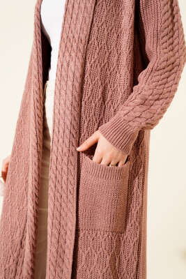 Şal Yaka Örgü Kabartmalı Triko Hırka Gül Kurusu - Hırka