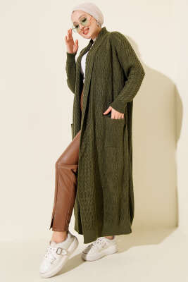 Şal Yaka Örgü Kabartmalı Triko Hırka Haki 