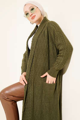 Şal Yaka Örgü Kabartmalı Triko Hırka Haki - Hırka