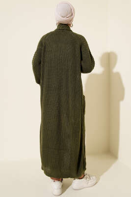 Şal Yaka Örgü Kabartmalı Triko Hırka Haki - Hırka