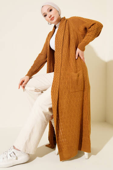 Şal Yaka Örgü Kabartmalı Triko Hırka Hardal - Hırka