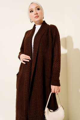 Şal Yaka Örgü Kabartmalı Triko Hırka Kahve - Hırka