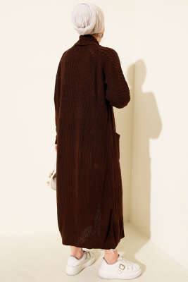 Şal Yaka Örgü Kabartmalı Triko Hırka Kahve - Hırka