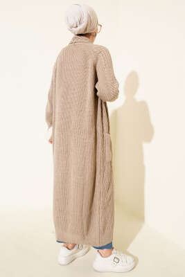 Şal Yaka Örgü Kabartmalı Triko Hırka Latte - Hırka