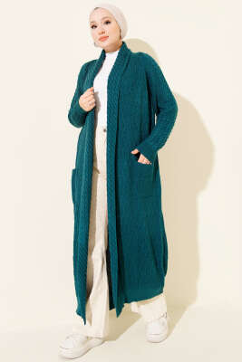 Şal Yaka Örgü Kabartmalı Triko Hırka Petrol - Hırka