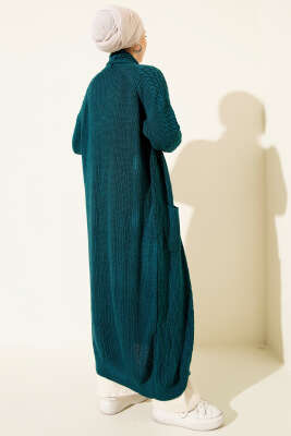 Şal Yaka Örgü Kabartmalı Triko Hırka Petrol - Hırka