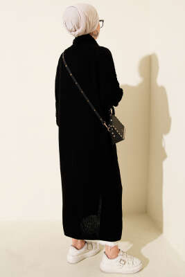 Şal Yaka Örgü Kabartmalı Triko Hırka Siyah - Hırka