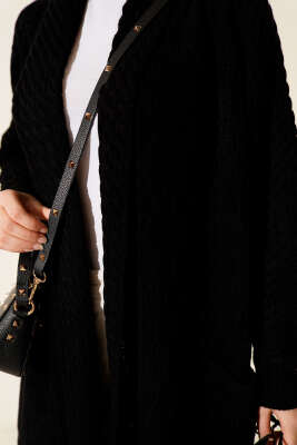 Şal Yaka Örgü Kabartmalı Triko Hırka Siyah - Hırka