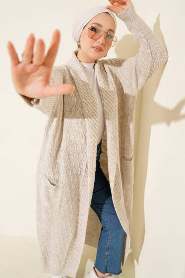 Şal Yaka Örgü Kabartmalı Triko Hırka Taş - Hırka