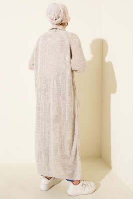 Şal Yaka Örgü Kabartmalı Triko Hırka Taş - Hırka