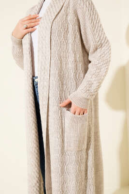 Şal Yaka Örgü Kabartmalı Triko Hırka Taş - Hırka