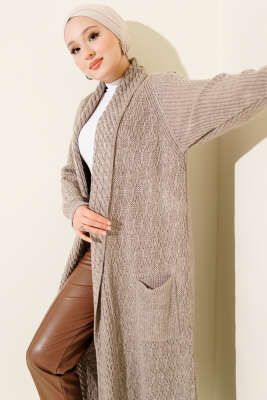 Şal Yaka Örgü Kabartmalı Triko Hırka Taş - Hırka