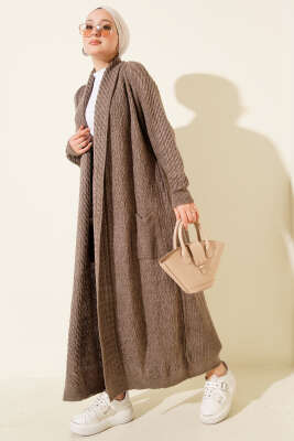 Şal Yaka Örgü Kabartmalı Triko Hırka Vizon - RAFİMİX