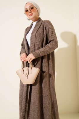 Şal Yaka Örgü Kabartmalı Triko Hırka Vizon - Hırka