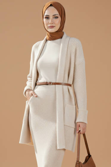 Şal Yaka Pirinç Örgü Triko Hırka Bej - Hırka