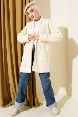 Şal Yaka Pirinç Örgü Triko Hırka Bej - Hırka