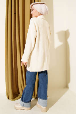 Şal Yaka Pirinç Örgü Triko Hırka Bej - Hırka