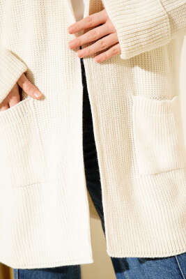 Şal Yaka Pirinç Örgü Triko Hırka Bej - Hırka