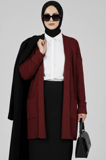 Şal Yaka Pirinç Örgü Triko Hırka Bordo - Hırka