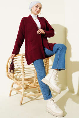 Şal Yaka Pirinç Örgü Triko Hırka Bordo - RAFİMİX