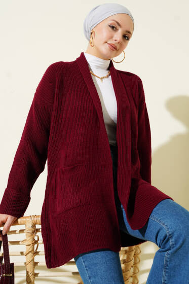 Şal Yaka Pirinç Örgü Triko Hırka Bordo - Hırka
