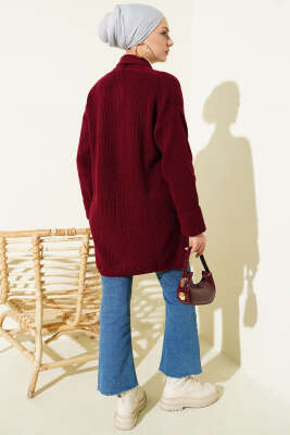 Şal Yaka Pirinç Örgü Triko Hırka Bordo - Hırka