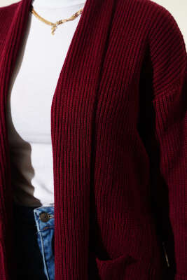 Şal Yaka Pirinç Örgü Triko Hırka Bordo - Hırka