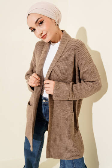 Şal Yaka Pirinç Örgü Triko Hırka Bronz - Hırka
