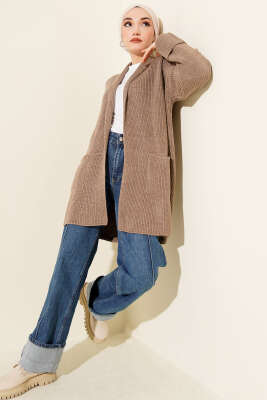 Şal Yaka Pirinç Örgü Triko Hırka Bronz - Hırka