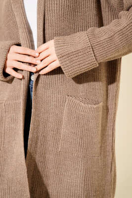 Şal Yaka Pirinç Örgü Triko Hırka Bronz - Hırka