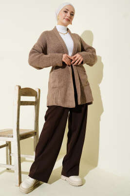 Şal Yaka Pirinç Örgü Triko Hırka Bronz - Hırka