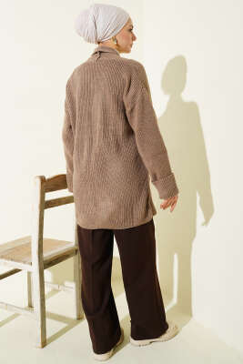 Şal Yaka Pirinç Örgü Triko Hırka Bronz - Hırka