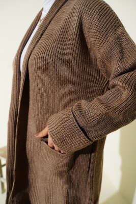 Şal Yaka Pirinç Örgü Triko Hırka Bronz - Hırka