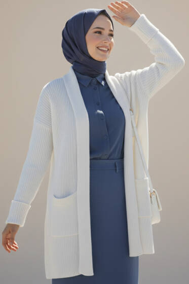 Şal Yaka Pirinç Örgü Triko Hırka Ekru - Hırka