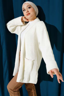 Şal Yaka Pirinç Örgü Triko Hırka Ekru
