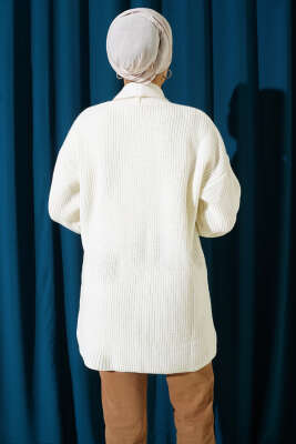 Şal Yaka Pirinç Örgü Triko Hırka Ekru - Hırka