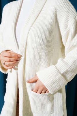 Şal Yaka Pirinç Örgü Triko Hırka Ekru - Hırka