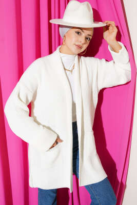 Şal Yaka Pirinç Örgü Triko Hırka Ekru - RAFİMİX