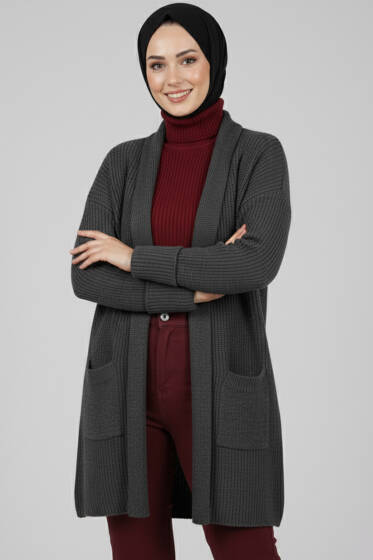 Şal Yaka Pirinç Örgü Triko Hırka Füme - Hırka